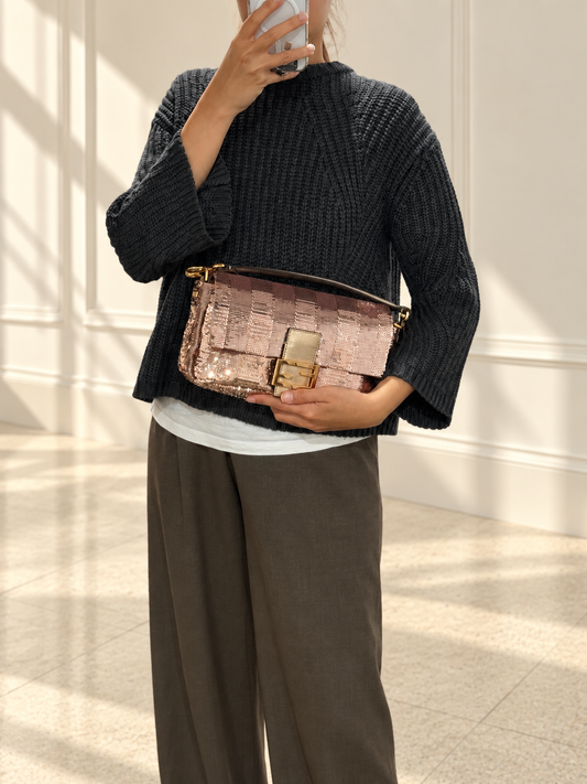 Fendi Medium Baguette in Champagne Pink Sequins Gold Hardware