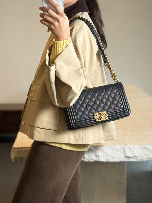 Full Box Like New Chanel Le Boy Old Medium Black Caviar Gold Hardware