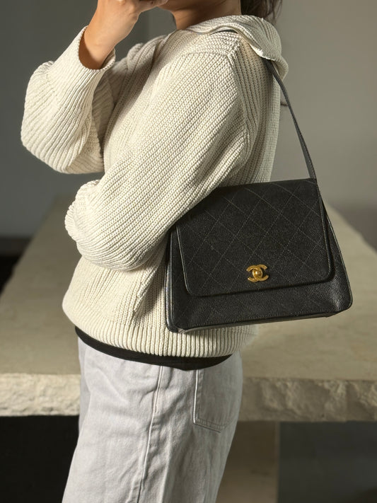 Rare Chanel Vintage Trapeze Kelly Black Caviar Shoulder Bag 24K Gold Hardware