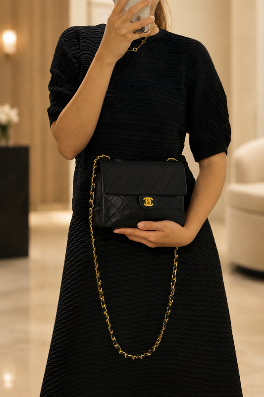 Rare Vintage Chanel Mini Square Black Lambskin 24K Gold Hardware