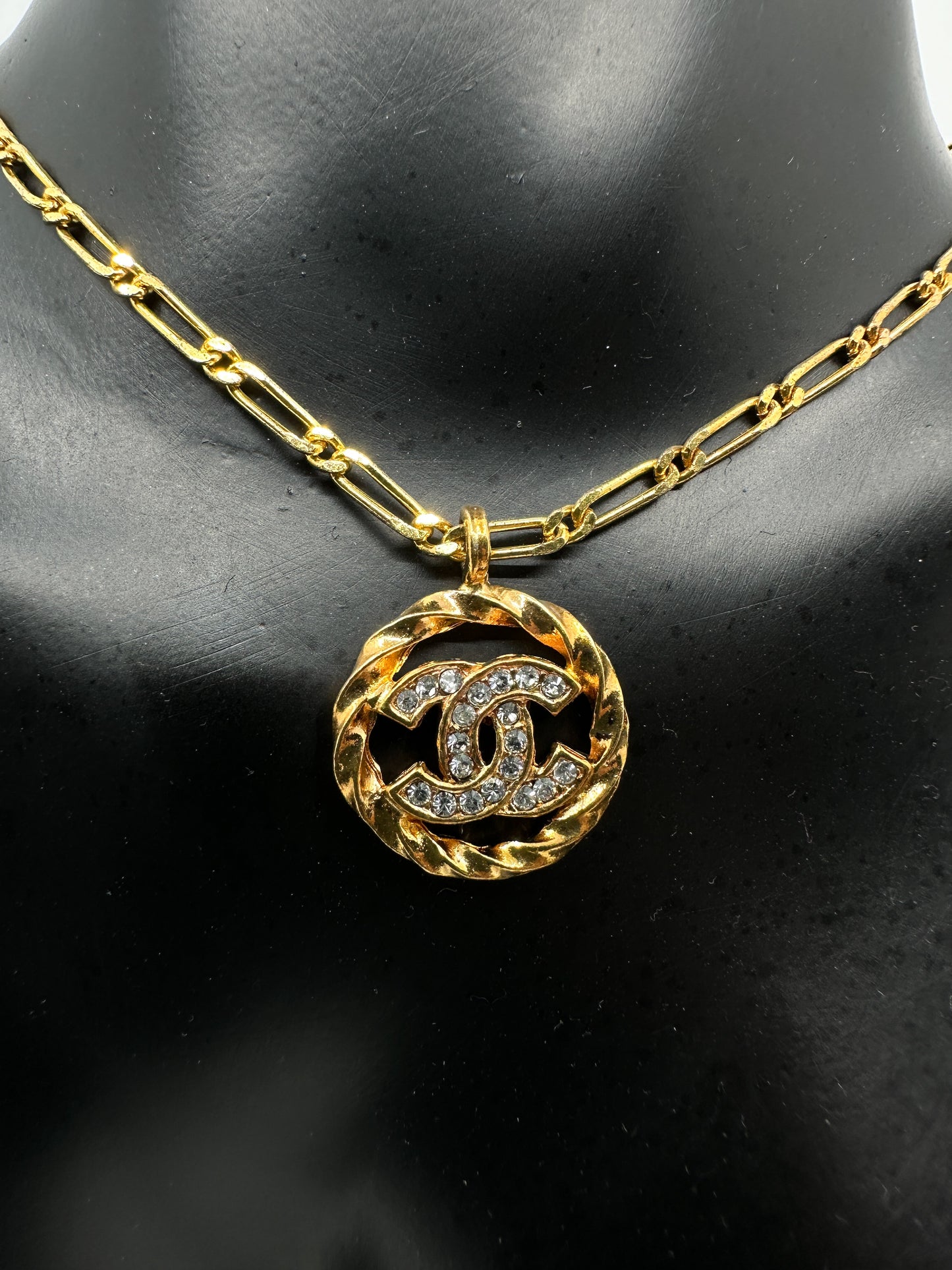 Vintage Chanel Necklace Round Coco Mark Rhinestone Chain