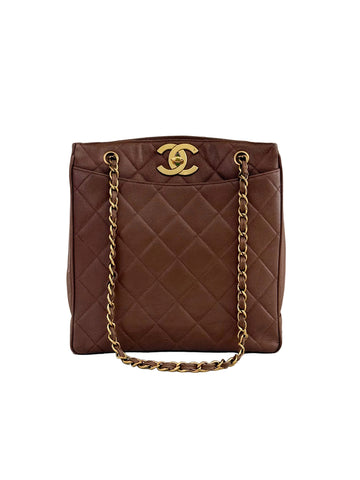 Rare Vintage Chanel CC Chocolate Brown Caviar Tote 24K Gold Hardware