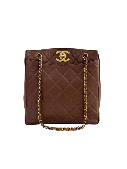 Rare Vintage Chanel CC Chocolate Brown Caviar Tote 24K Gold Hardware