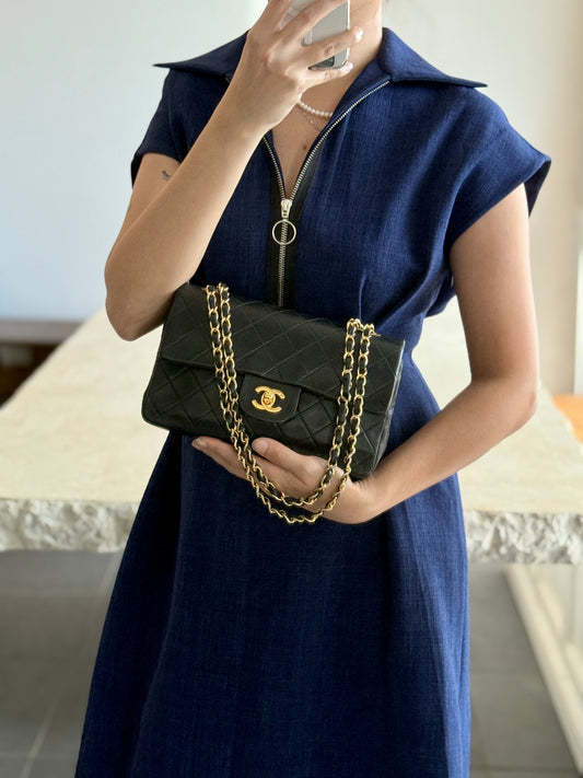 Vintage Chanel Classic Double Flap Small Black Lambskin 24K Gold Hardware