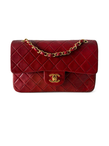 Vintage Chanel Classic Double Flap Small Dark Red Lambskin 24K Gold Hardware