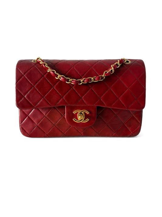 Vintage Chanel Classic Double Flap Small Dark Red Lambskin 24K Gold Hardware