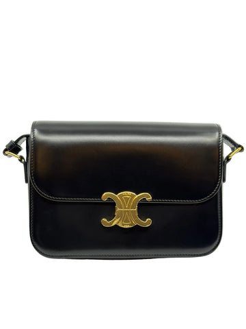 Classique Celine Triomphe Bag in Black Shiny Calfskin Medium