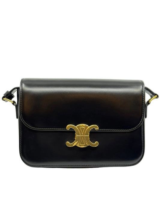 Classique Celine Triomphe Bag in Black Shiny Calfskin Medium