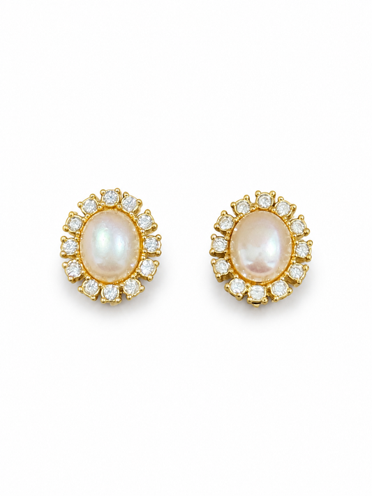 Vintage Dior Faux Pearl & Crystal Gold Tone Clip-on Earrings