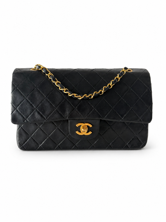 Vintage Chanel Classic Double Flap Medium Black Lambskin 24K Gold Hardware