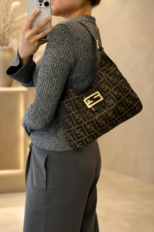 Rare Vintage Fendi Zucca Canvas Shoulder Bag Gold Hardware