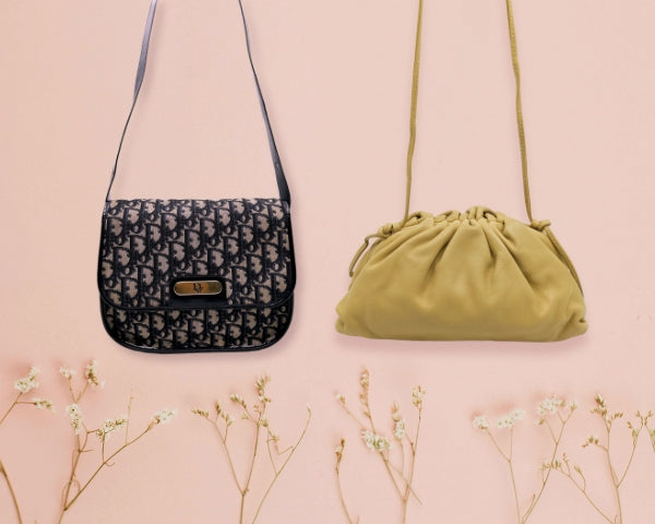 An iconic Dior and Bottega Veneta bags with light-pink background.