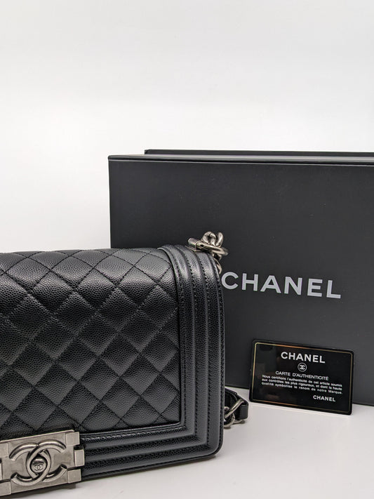 Full Box Like New Chanel Le Boy Old Medium Black Caviar Gunmetal Hardware