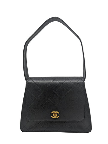 Rare Chanel Vintage Trapeze Kelly Black Caviar Shoulder Bag 24K Gold Hardware