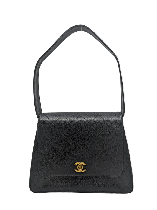 Rare Chanel Vintage Trapeze Kelly Black Caviar Shoulder Bag 24K Gold Hardware