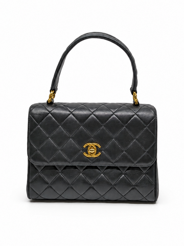 Rare Vintage Chanel Mini Coco Top Handle Black Lambskin 24K Gold Hardware