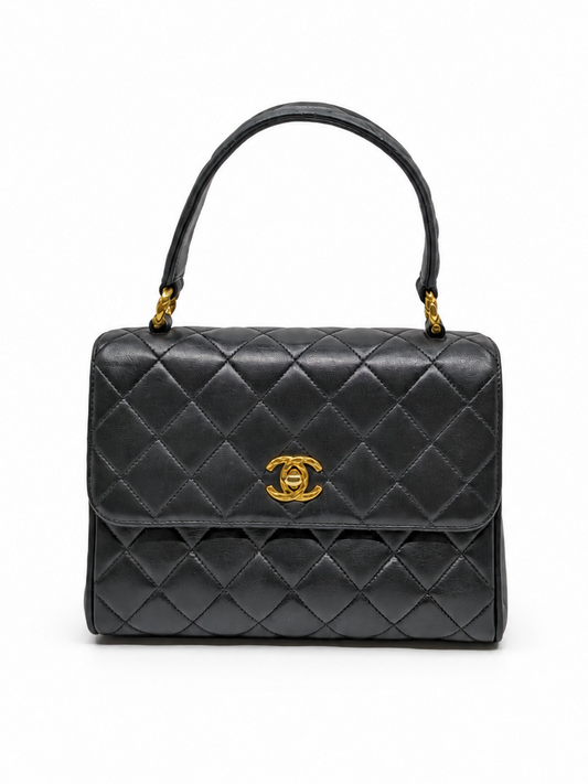 Rare Vintage Chanel Mini Coco Top Handle Black Lambskin 24K Gold Hardware