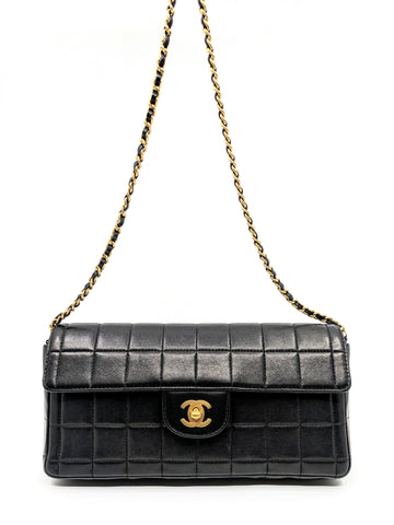 Rare Vintage Chanel Chocolate Bar Black Lambskin Shoulder Bag Gold Hardware