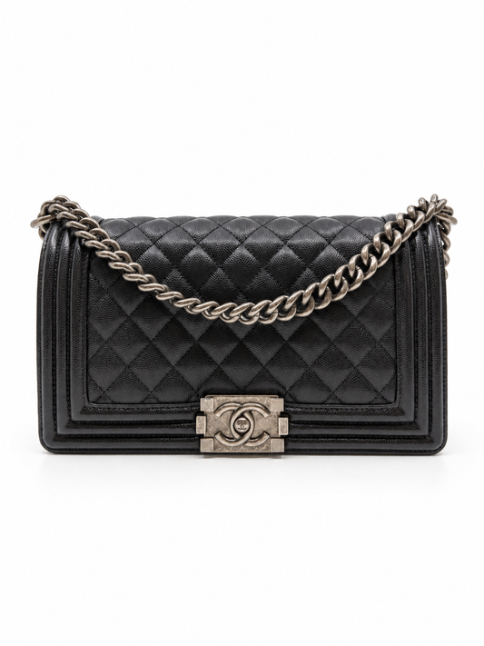 Full Box Chanel Le Boy Old Medium Black Caviar Rethenium Hardware