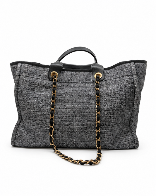 Chanel Large Deauville Tote Grey White Tweed Gold Hardware