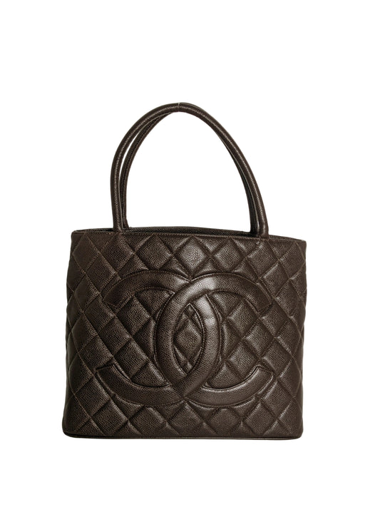 Rare Vintage Chanel Medallion Chocolate Brown Caviar Tote Gold Hardware