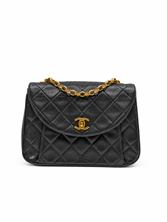 Rare Vintage Chanel Small Single Flap Halfmoon Black Lambskin Bijoux Chain 24K Gold Hardware