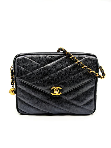 Rare Vintage Chanel Small Camera Bag Black Caviar 24K Gold Hardware