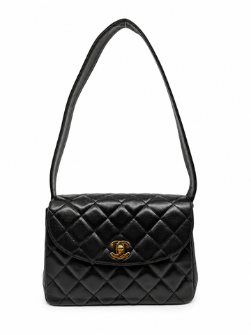 Rare Chanel Vintage Kelly Black Lambskin Shoulder Bag 24K Gold Hardware