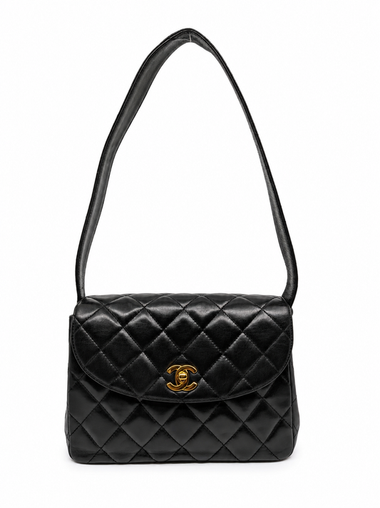 Rare Chanel Vintage Kelly Black Lambskin Shoulder Bag 24K Gold Hardware