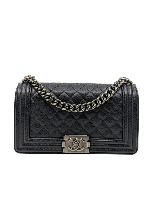 Full Box Like New Chanel Le Boy Old Medium Black Caviar Gunmetal Hardware