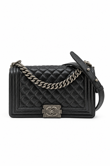 Full Box Chanel Le Boy Old Medium Black Caviar Rethenium Hardware