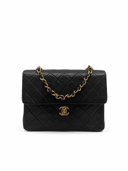 Rare Vintage Chanel Mini Square Black Lambskin 24K Gold Hardware