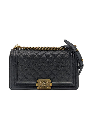 Full Box Like New Chanel Le Boy Old Medium Black Caviar Gold Hardware
