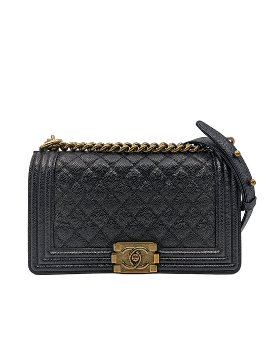 Full Box Like New Chanel Le Boy Old Medium Black Caviar Gold Hardware