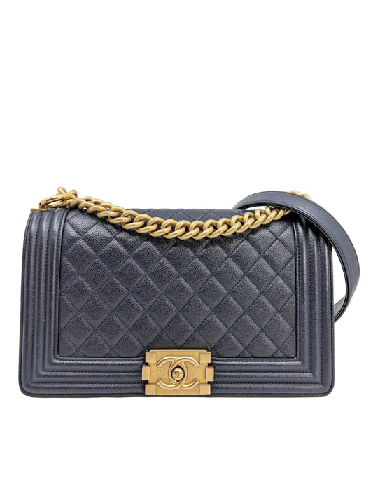 Chanel Le Boy Old Medium Navy Caviar Gold Hardware
