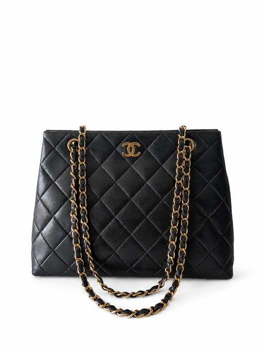 Vintage Chanel Kelly Tote Black Lambskin Gold Hardware 24K Gold Hardware