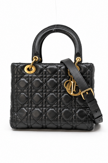 Dior Lady Black Lambskin Medium Size Gold Hardware