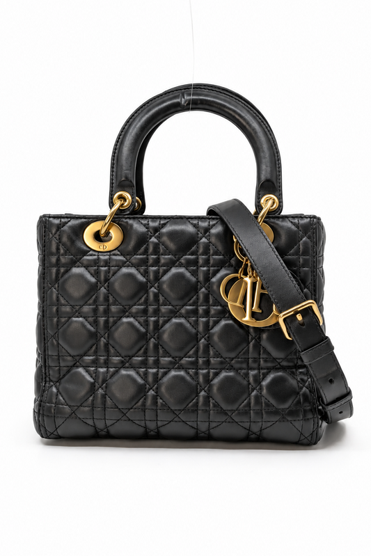 Dior Lady Black Lambskin Medium Size Gold Hardware