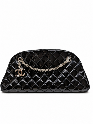 Vintage Chanel Just Mademoiselle Black Patent Silver Hardware