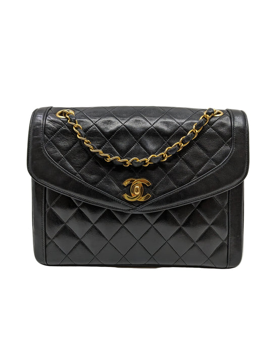 Vintage Chanel Medium Envelope Double Chain Black Lambskin 24K Single Flap Black Lambskin 24K Gold Hardware