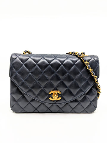 Vintage Chanel Small Single Flap Halfmoon Dark Navy Lambskin 24K Gold Hardware