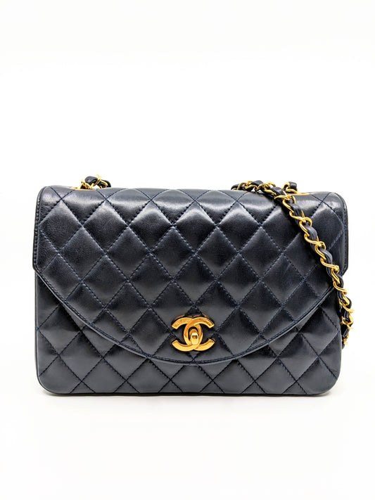Vintage Chanel Small Single Flap Halfmoon Dark Navy Lambskin 24K Gold Hardware