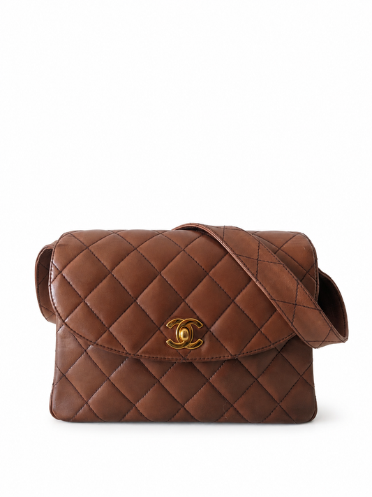 Rare Chanel Vintage Kelly Brown Lambskin Shoulder Bag 24K Gold Hardware