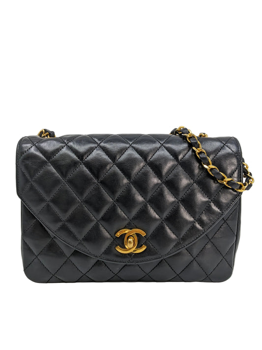 Vintage Chanel Small Single Flap Halfmoon Black Lambskin 24K Gold Hardware