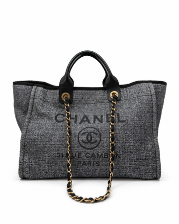 Chanel Large Deauville Tote Grey White Tweed Gold Hardware