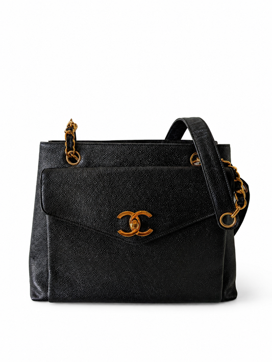 Vintage Chanel Front Pocket Caviar Tote in Black