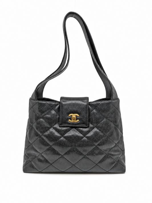 Vintage Chanel Kelly Tote Black Caviar 24K Gold Hardware