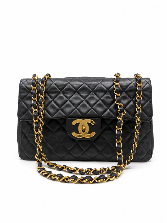 Rare Vintage Chanel CF Maxi Black Lambskin 24K Gold Hardware