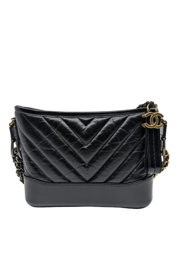 Full Box Chanel Small Gabrielle Hobo Bag in Black Chevron Leather