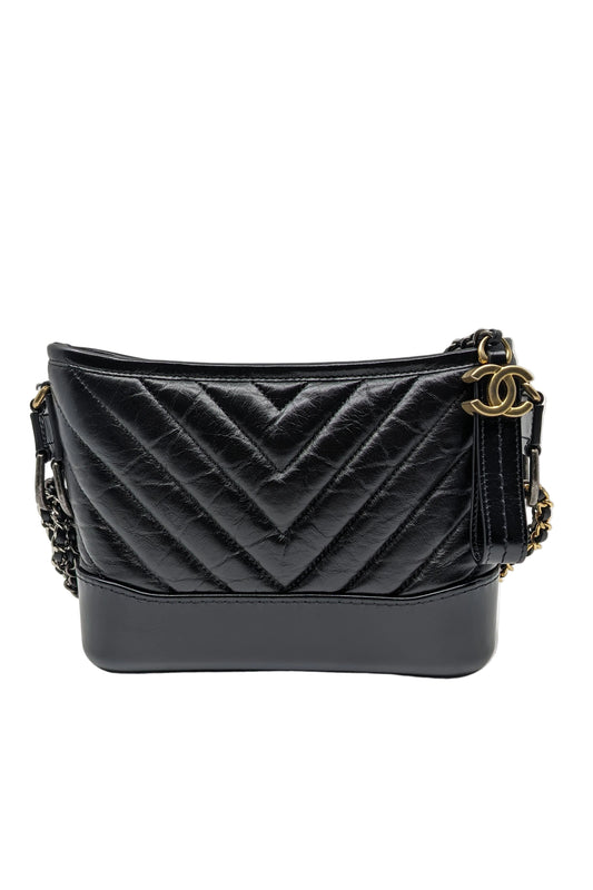 Full Box Chanel Small Gabrielle Hobo Bag in Black Chevron Leather